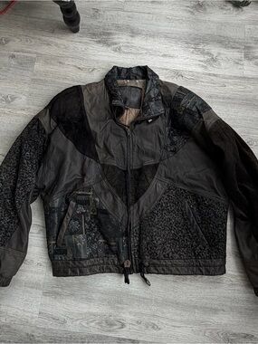 VTG Leather Patchwork Bomber Jacket Womens L Black Nevada Blue Unique Detail